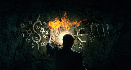 He is searching for solution . Mixed media