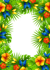 Fototapeta na wymiar Tropical invitation background with exotic hibiscus flowers and rainbow butterflies