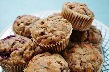 Homemade vegan muffins with zucchini and raspberries
