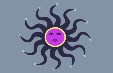 Blue sun with face and a pink center.
