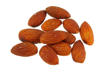 Roasted salted Almond nuts with salt isolated on white background