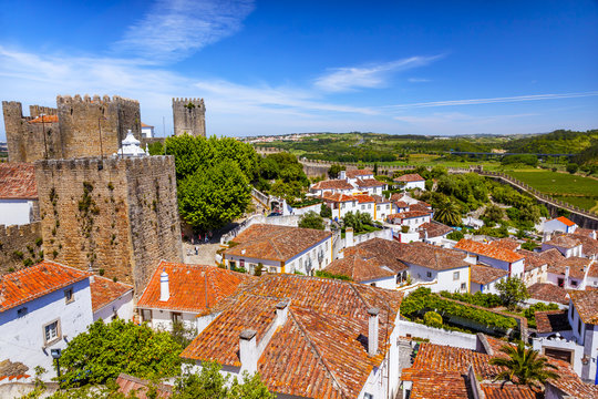Castle Turrets Towers Walls Orange Roofs Obidos Portugal