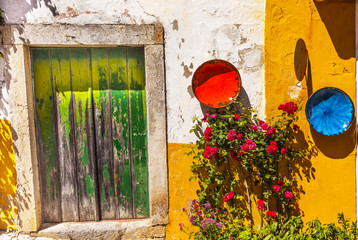 White Yellow Wall Green Door Street Medieval City Obidos