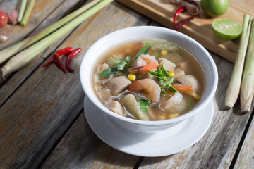 spicy mixed vegetable soup and Shrimp food Thailand