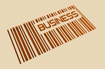 Business word and bar code on concrete wall in empty room. 3D rendering