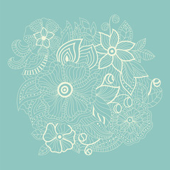 White abstract contour flowers on a blue background with space for text