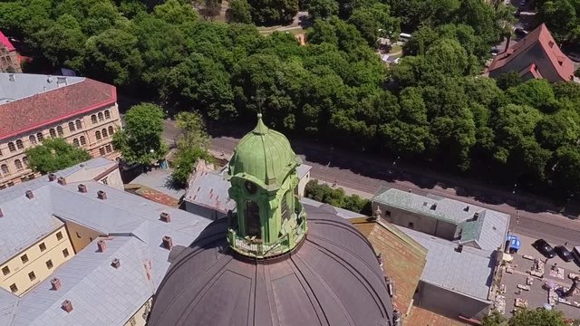 Lviv Roofs and Streets Aerial View, Ukraine Dominican Sobor in Lviv Slow 1080 50fps Slow Motion