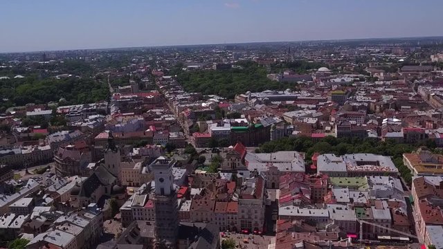 Lviv Roofs and Streets Aerial View, Ukraine Dominican Sobor in Lviv Slow 1080 50fps