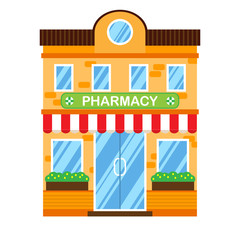 Vector illustration of retro building with pharmacy. Faсade of a retro house in flat style. Two storey town building with pharmacy.