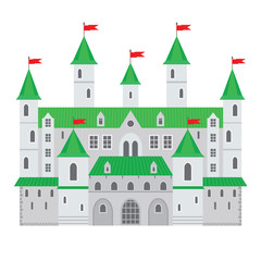 Obraz premium Ilustracja wektorowa zamku w stylu płaski. Średniowieczna kamienna forteca. Abstrakcyjny zamek fantasy może być używany w książkach, tle gry, projektowaniu stron internetowych, banerze itp.