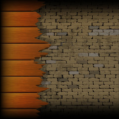 broken wooden planks in the background of a brick wall