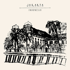 Old church on the river bank in Kota, Jakarta, Indonesia, Asia. Colonial architecture. Travel sketch. Hand-drawn vintage book illustration, greeting card, postcard or poster template