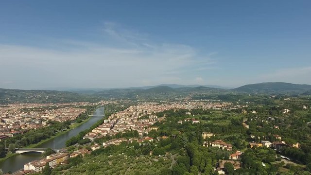 Aerial view Beautiful Cityscape of Florence with the Cathedral Santa Maria del Fiore, Florence, Tuscany, Italy. 4K Aerial video with panoramic motion.
