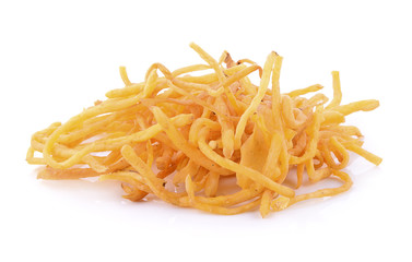 pile of appetizing french fries on a white background
