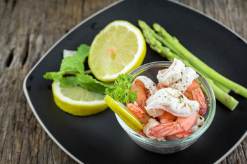 FoodShrimps. Prawns on a wood Background .Seafood