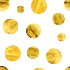 Hand-drawn watercolor seamless pattern with golden hand-drawn circles. Golden figures in the repeated print for the textile and wallpapers. Geometrical background