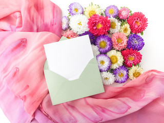 Colored chrysanthemums flowers background. Flat lay.