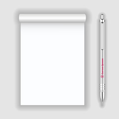 Blank realistic notepad notebook and pen isolated on white background. Display Mock up for corporate identity and promotion objects