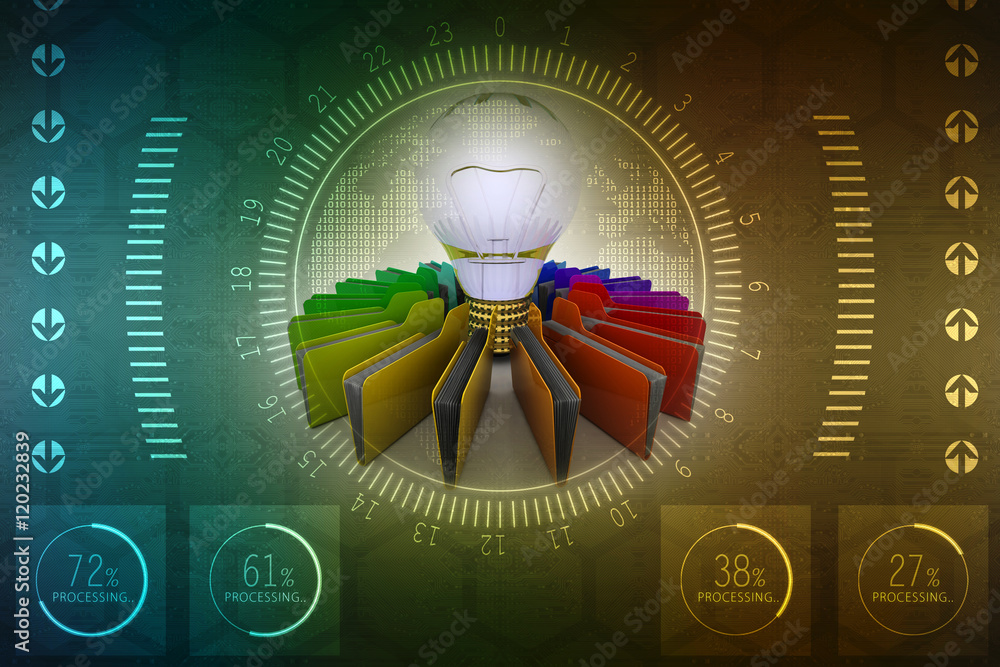 Poster 3d rendering led light bulb with folder