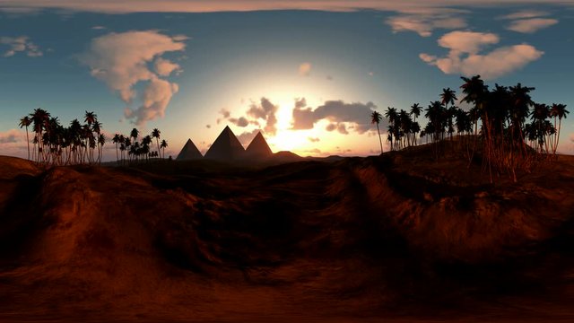 panoramic of egyptian pyramid in desert at sunset. made with the one 360 degree lense camera without any seams. ready for virtual reality