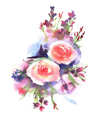 Beautiful and tender, romantic watercolor illustration of roses bouquet. Floral hand-drawn composition with pink roses and different flowers