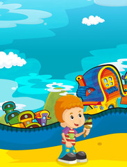 Cartoon scene of colorful city - cartoon happy boy - illustration for children