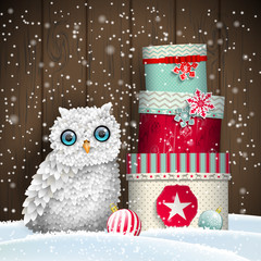 Cute white owl with stack of colorful christmas gift boxes, holiday theme, illustration