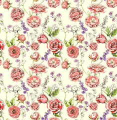 Beautiful and tender, romantic watercolor seamless pattern with roses and briar. Floral hand-drawn repeated print with pink roses and different flowers for the textile, wallpapers etc.