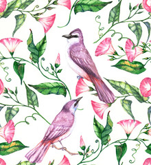 Hand-drawn watercolor seamless pattern with pink and white flowers and violet birds. Colorful blossom on the repeated print for the textile, wallpapers etc. Spring background