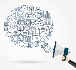 Business hand holding megaphone with icon on speechbubble