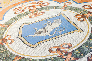 Mosaic details in a street of Milan, Italy. From the local legend, who turns 3 times around the bull's testicles will have fertility and luck.