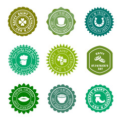 Saint Patricks Day vintage green vector badges, labels set
