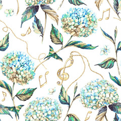 Hand-drawn watercolor seamless pattern with summer blossom of blue and white hydrangea. Repeated print for the textile and wallpaper