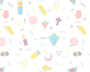 Seamless pattern of geometric shapes in memphis style.