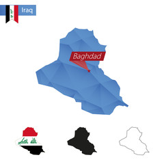 Iraq blue Low Poly map with capital Baghdad.