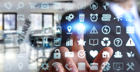 Businessman using digital tactile screen interface with web icon