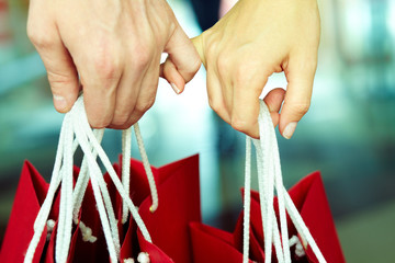 Two linked hands with shopping bags