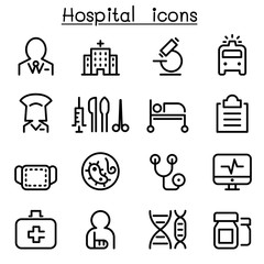 Hospital & medicine icon set in thin line style - obrazy, fototapety, plakaty