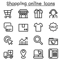 Shopping online icon set in thin line style