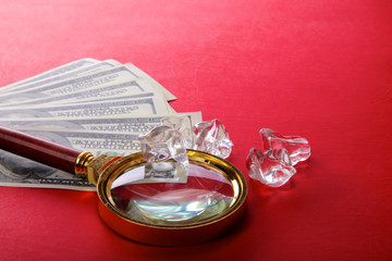 Beautiful shining crystals diamonds on money background