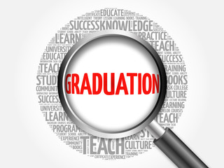 GRADUATION word cloud with magnifying glass, concept 3D illustration