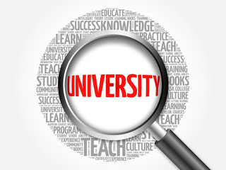 UNIVERSITY word cloud with magnifying glass, concept 3D illustration