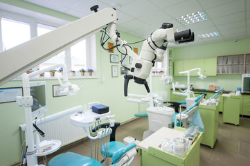 Close-up view of microscope in modern dental ofiice on the background of dental chairs and other equipment used by dentists
