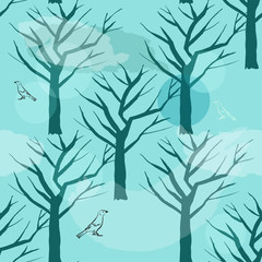 Seamless vector pattern with abstract winter trees and birds