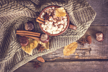 Hot cocoa with marshmallows with spices on the old wooden boards. Coffee, cocoa, cinnamon, nuts, star anise, cozy sweater.Autumn Still Life