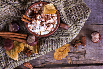 Hot cocoa with marshmallows with spices on the old wooden boards. Coffee, cocoa, cinnamon, nuts, star anise, cozy sweater.Autumn Still Life