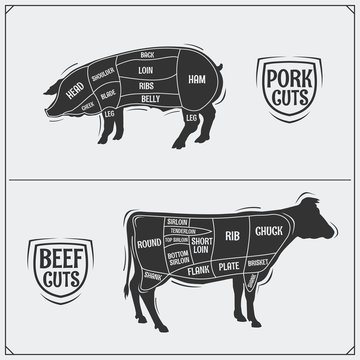 Cuts of pork and beef. American method. Vector monochrome illustration. Vintage style.