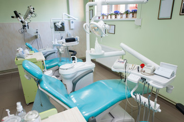 Modern dental unit with stomatology equipment and tools at the dental clinic