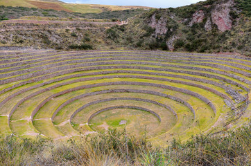 Ancient Inca circular agricultural terraces at Moray used to study the effects of different climatic conditions on crops.