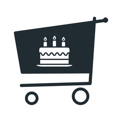 Icono plano tarta cumpleaños en carro compra sobre fondo blanco